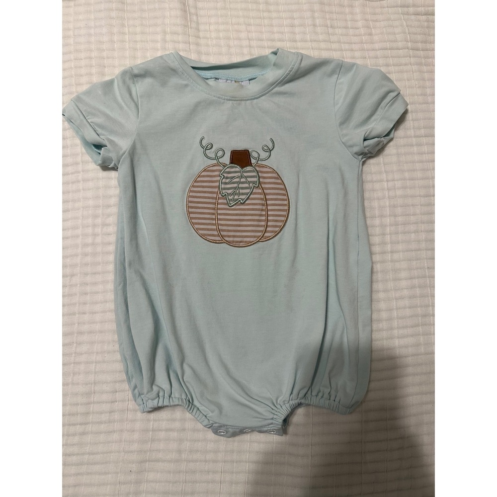 Busy Bees Smocks Light Blue Pumpkin Embroidered Bubble Romper 18M Fall Autumn